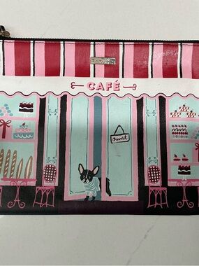 Kate Spade Cafe Wristlet Clutch Pink Paris Bakery Dog Print Pouch